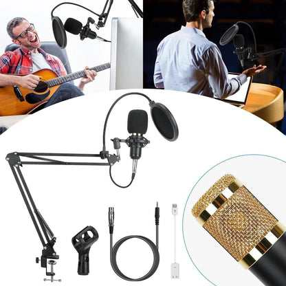 Condenser Microphone Bundle Shock Mount with Adjustable Boom Arm Sound Card