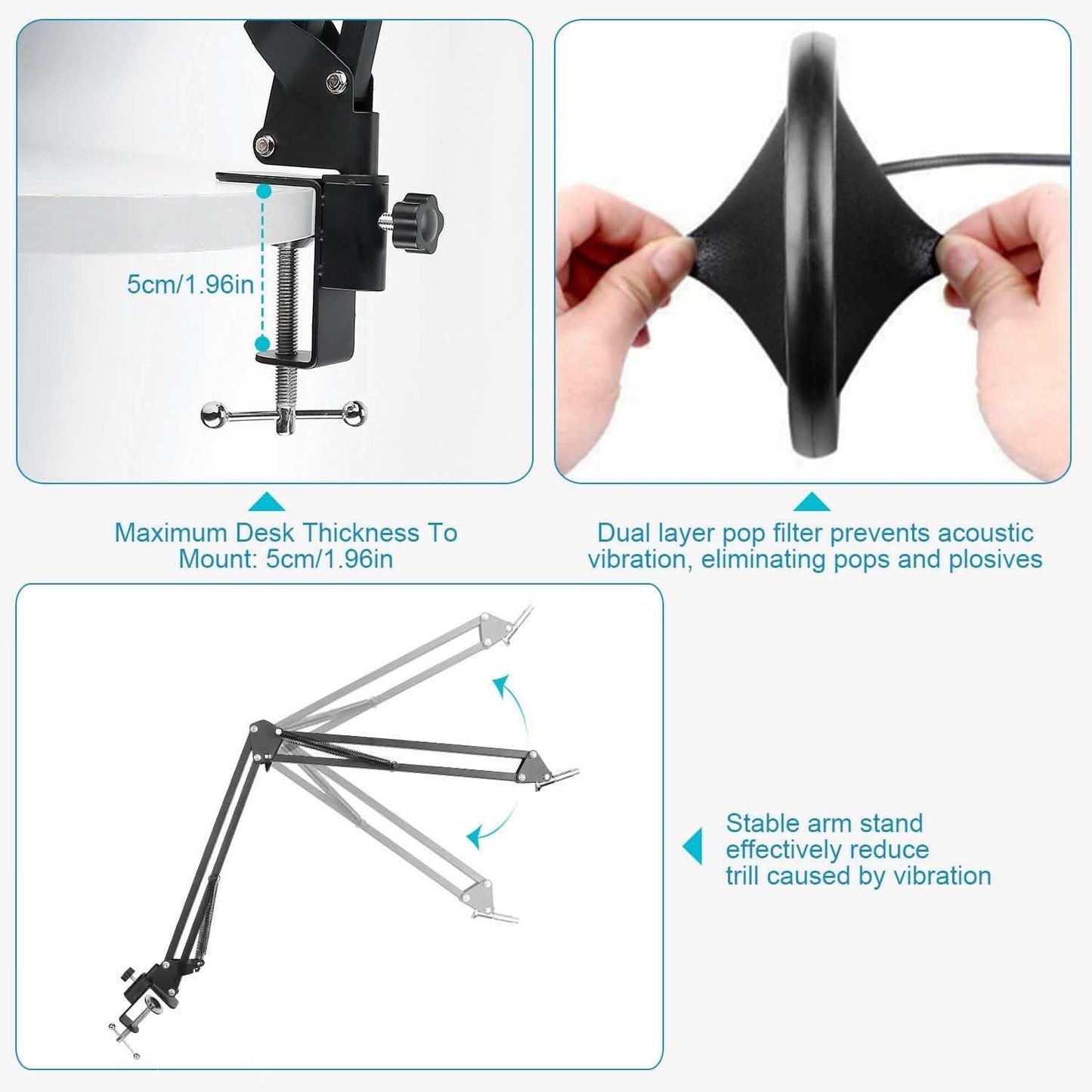 Condenser Microphone Bundle Shock Mount with Adjustable Boom Arm Sound Card