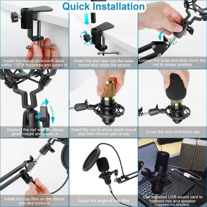 Condenser Microphone Bundle Shock Mount with Adjustable Boom Arm Sound Card