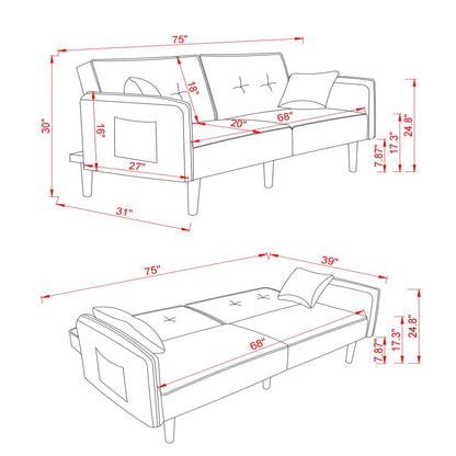 Convertible Futon Sofa Bed with 2 Pillows