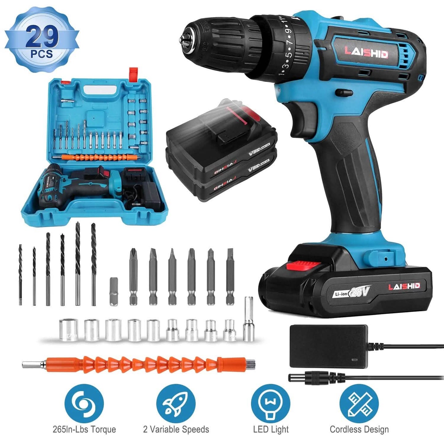 Cordless Drill Set with 2 Pieces 8V Batteries and Charger 2 Variable Speed 3/8In Keyless Chuck