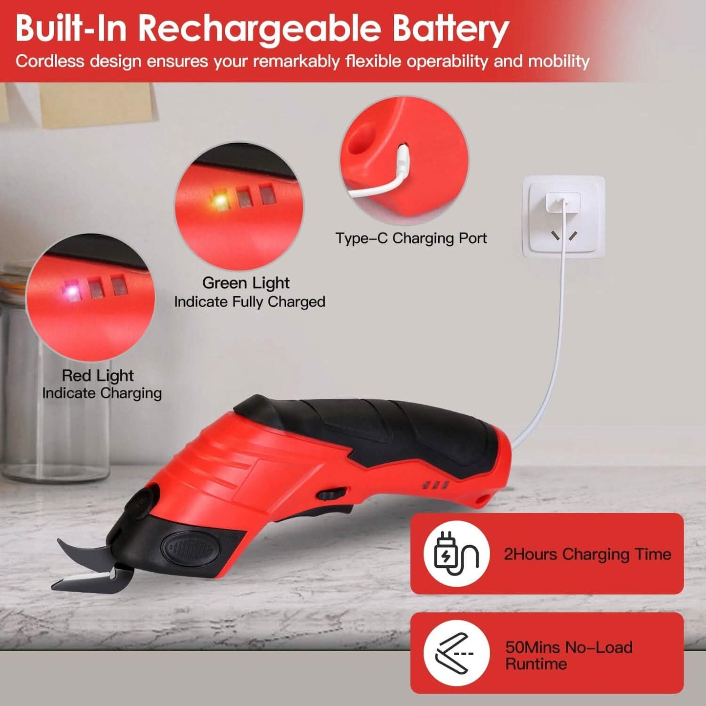 Cordless Electric Scissors Automatic Shears Cutting Tool with Rechargeable Battery 2 Replaceable Blades 10000RPM Fabric Cutter