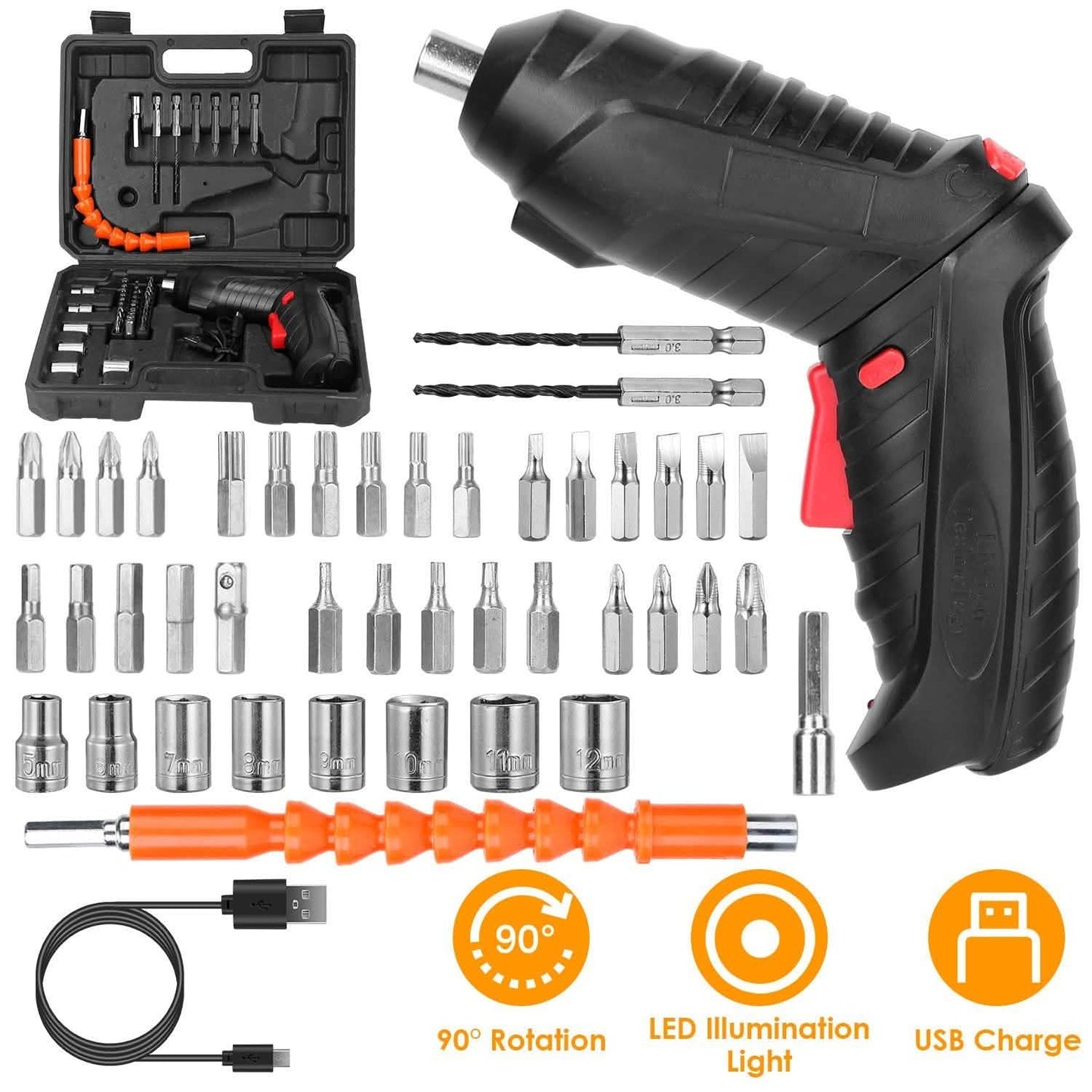 Cordless Electric Screwdriver Set with LED Work Light USB Rechargeable