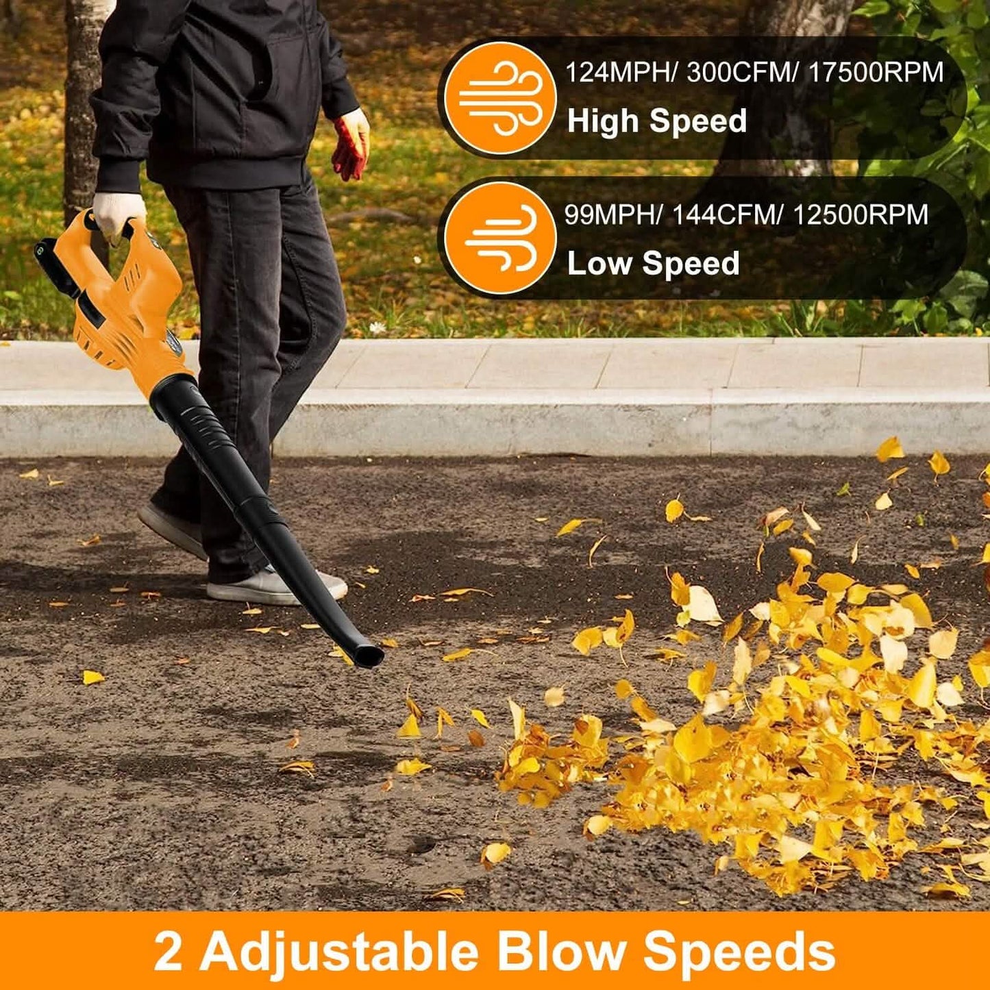 Cordless Leaf Blower Battery Powered Max 124MPH 300CFM with 2 Adjustable Speeds