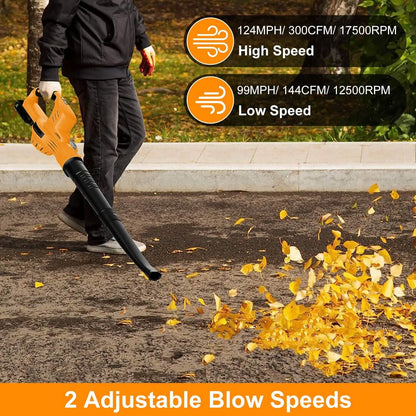Cordless Leaf Blower Battery Powered Max 124MPH 300CFM with 2 Adjustable Speeds