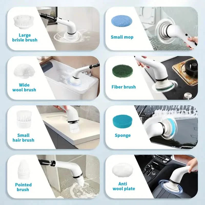 Cordless Power Spinning Cleaner Brush - 8 Replaceable Brush Heads