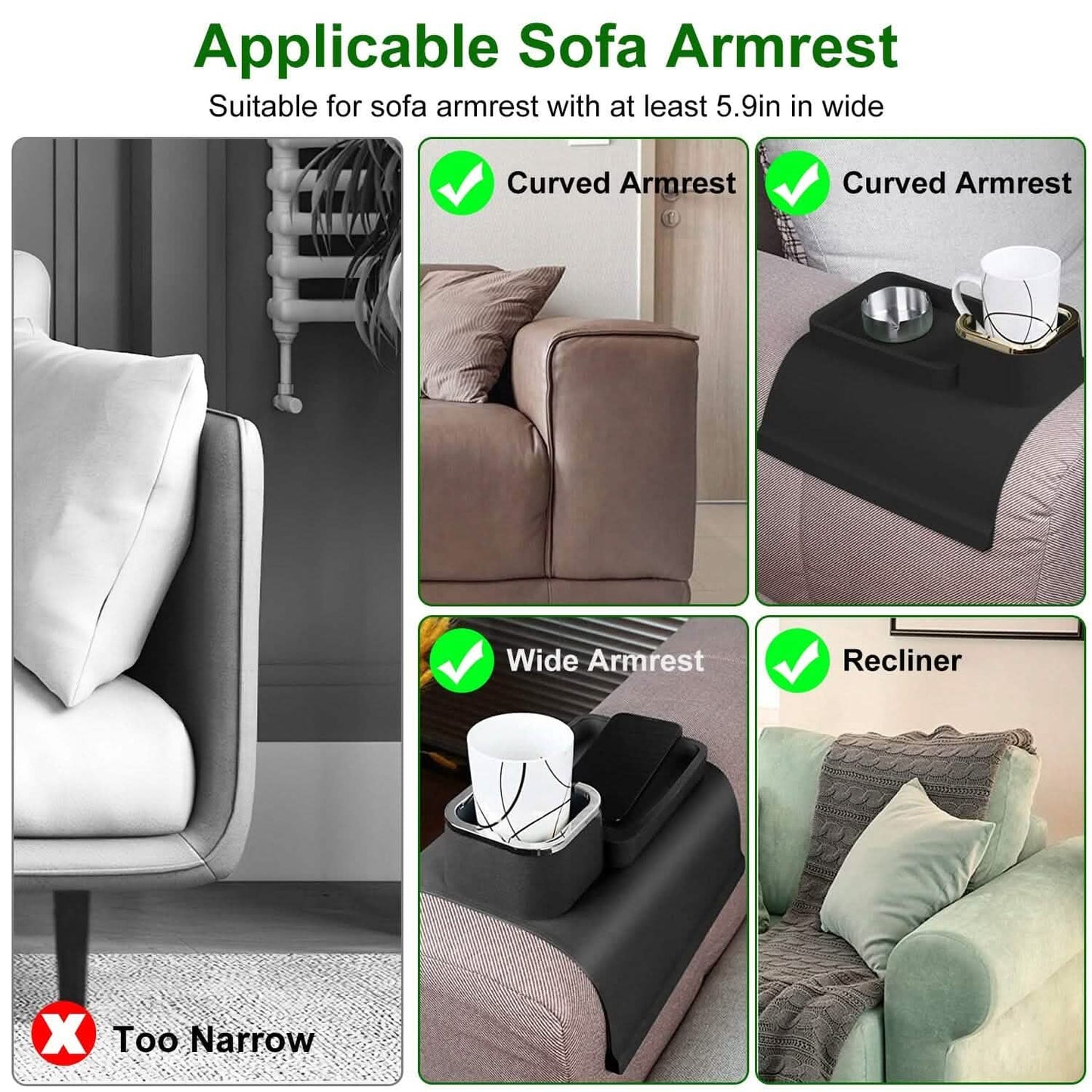 Couch Arm Cup Holder Tray Anti-spill Anti-slip Silicone Armrest Remote Snack Organizer