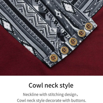 Cowl Neck Long Sleeve Patchwork Top