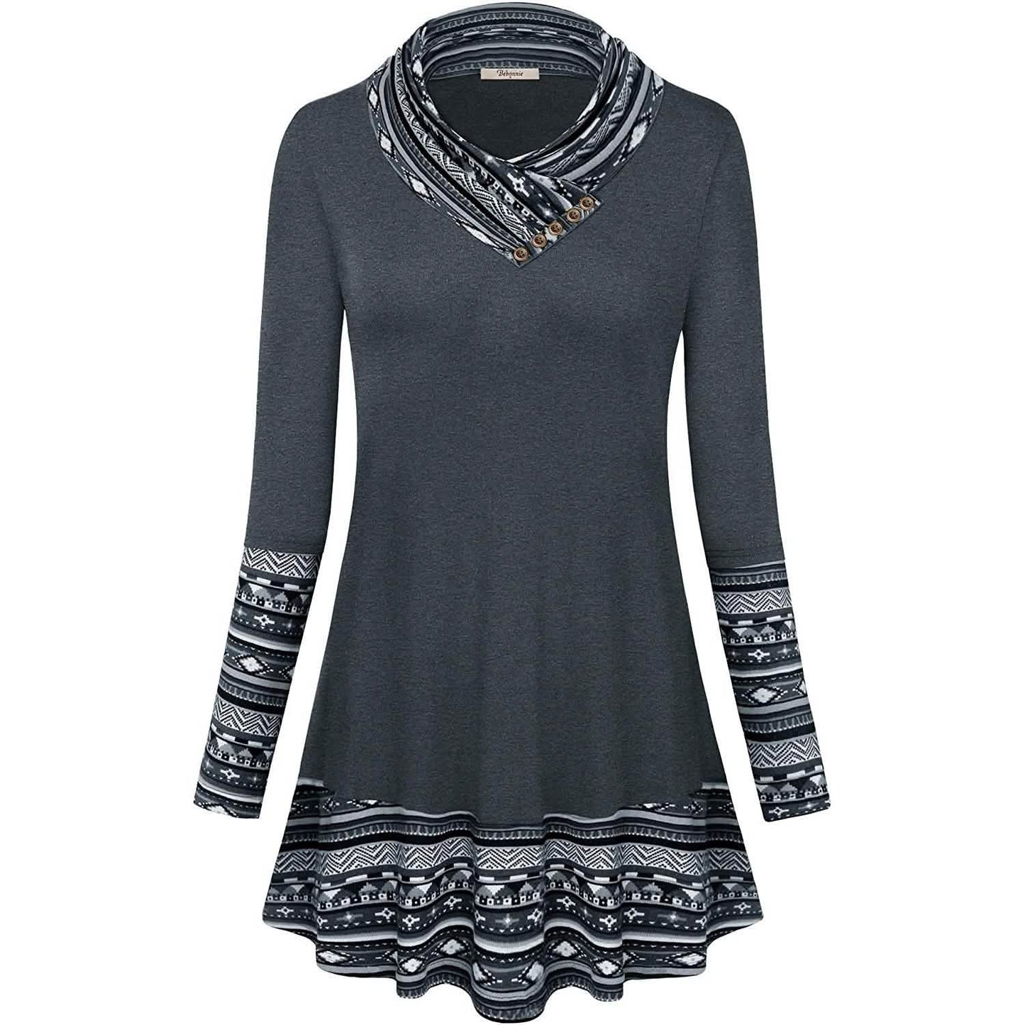 Cowl Neck Long Sleeve Patchwork Top