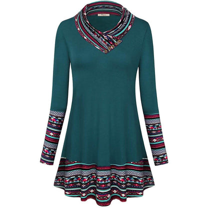 Cowl Neck Long Sleeve Patchwork Top