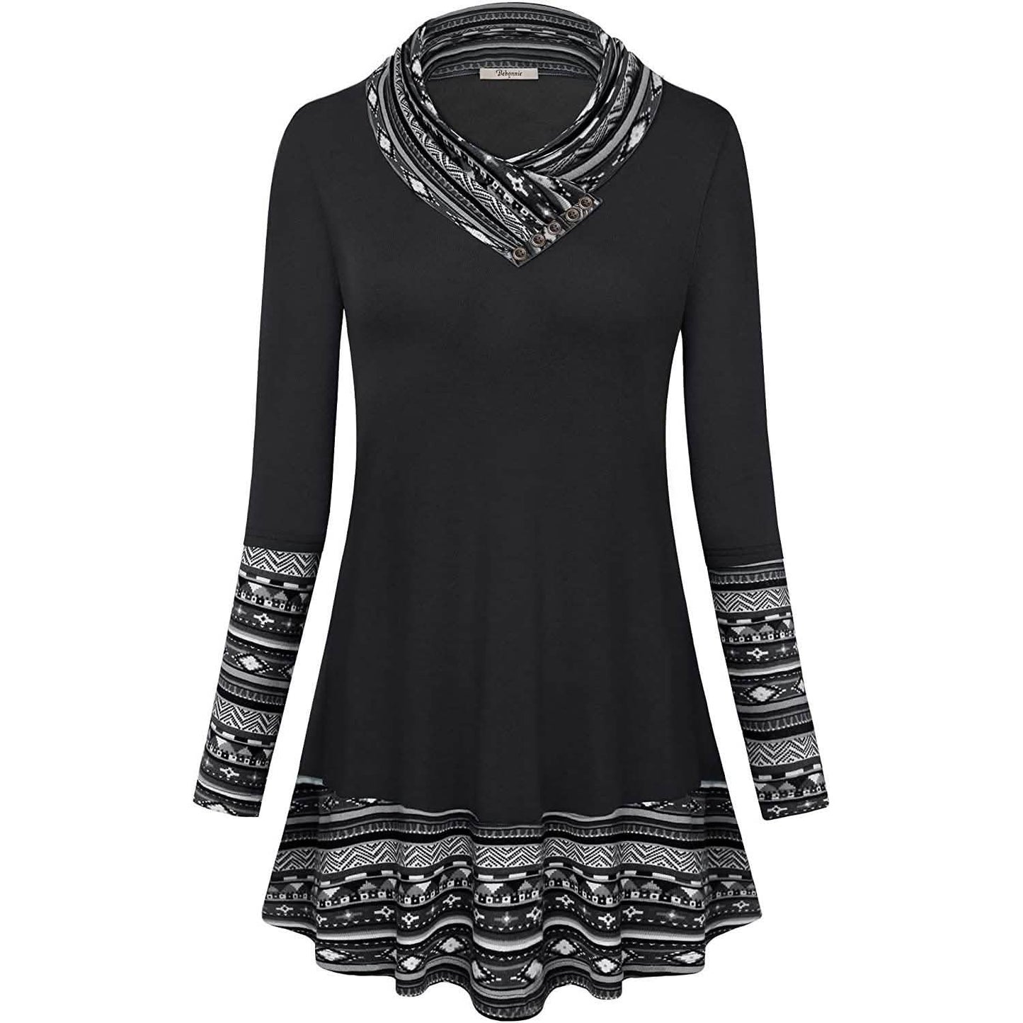 Cowl Neck Long Sleeve Patchwork Top