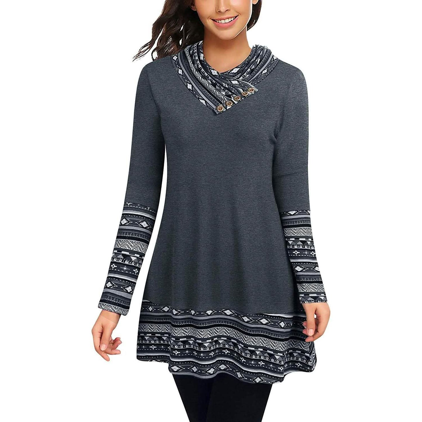 Cowl Neck Long Sleeve Patchwork Top