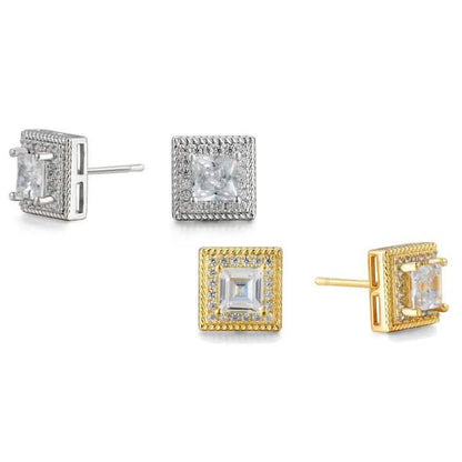 Cubic Zirconia Princess Cable Halo Stud Earrings