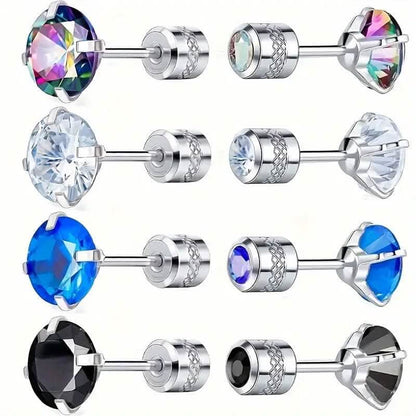 Cubic Zirconia Screw Back Stainless Steel Stud Earrings