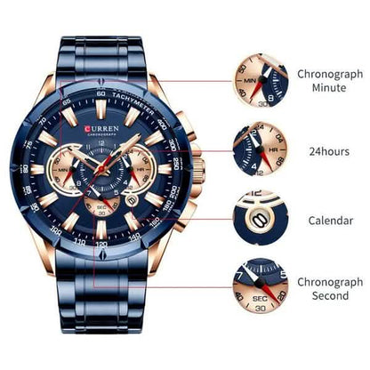 CURREN Men's Multifunctional Chronograph Calendar Quartz Waterproof Full Steel Watch