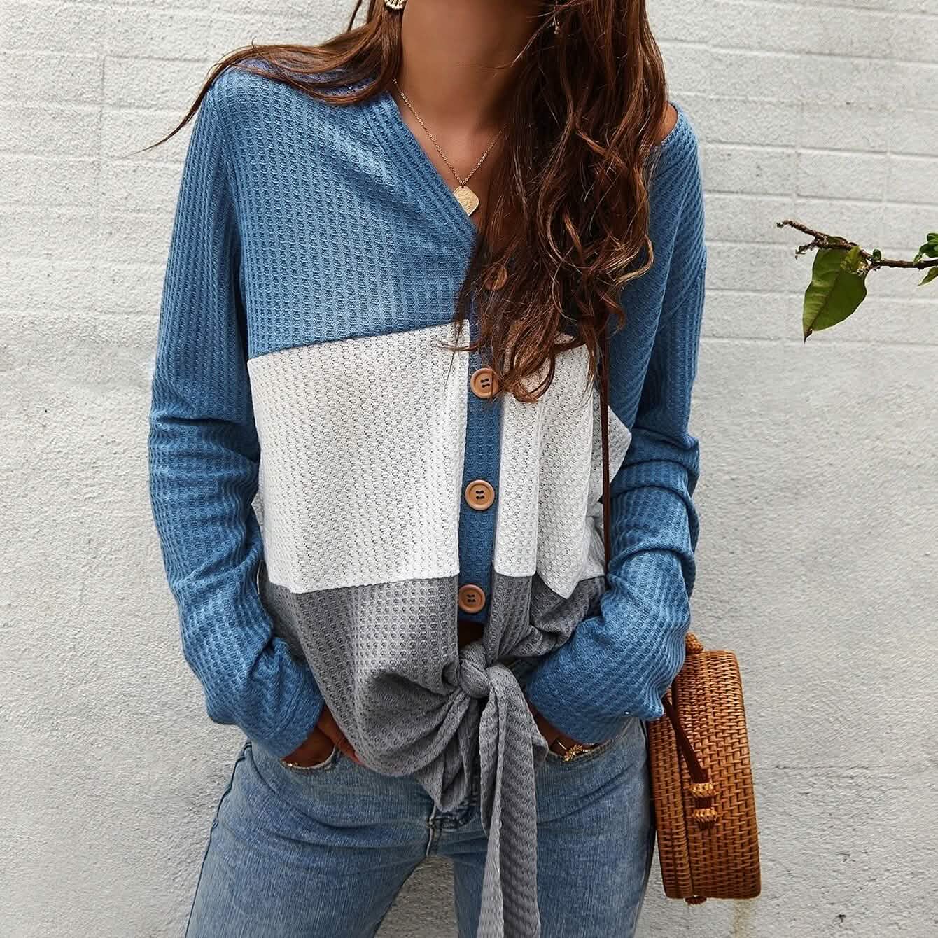 Cut And Sew Panel Knot Hem Waffle Knit Tee