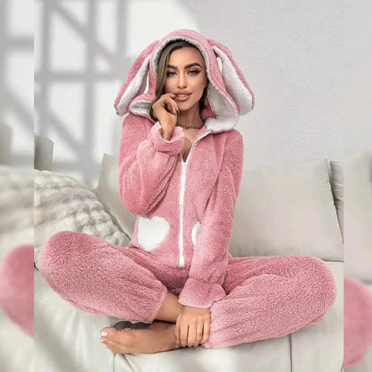 Cute Bunny Fuzzy Hooded Night Jumpsuit