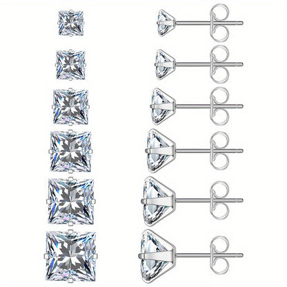 316 Stainless Steel Square Stud Earrings with Cubic Zirconia Accents