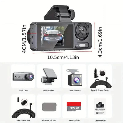 1080P Triple Dash Cam Front, Inside and Rear with 32GB Card, Night Vision, HDR & More