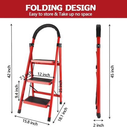 Folding 3/4-Step Ladder – Portable Steel Step Stool, Anti-Slip