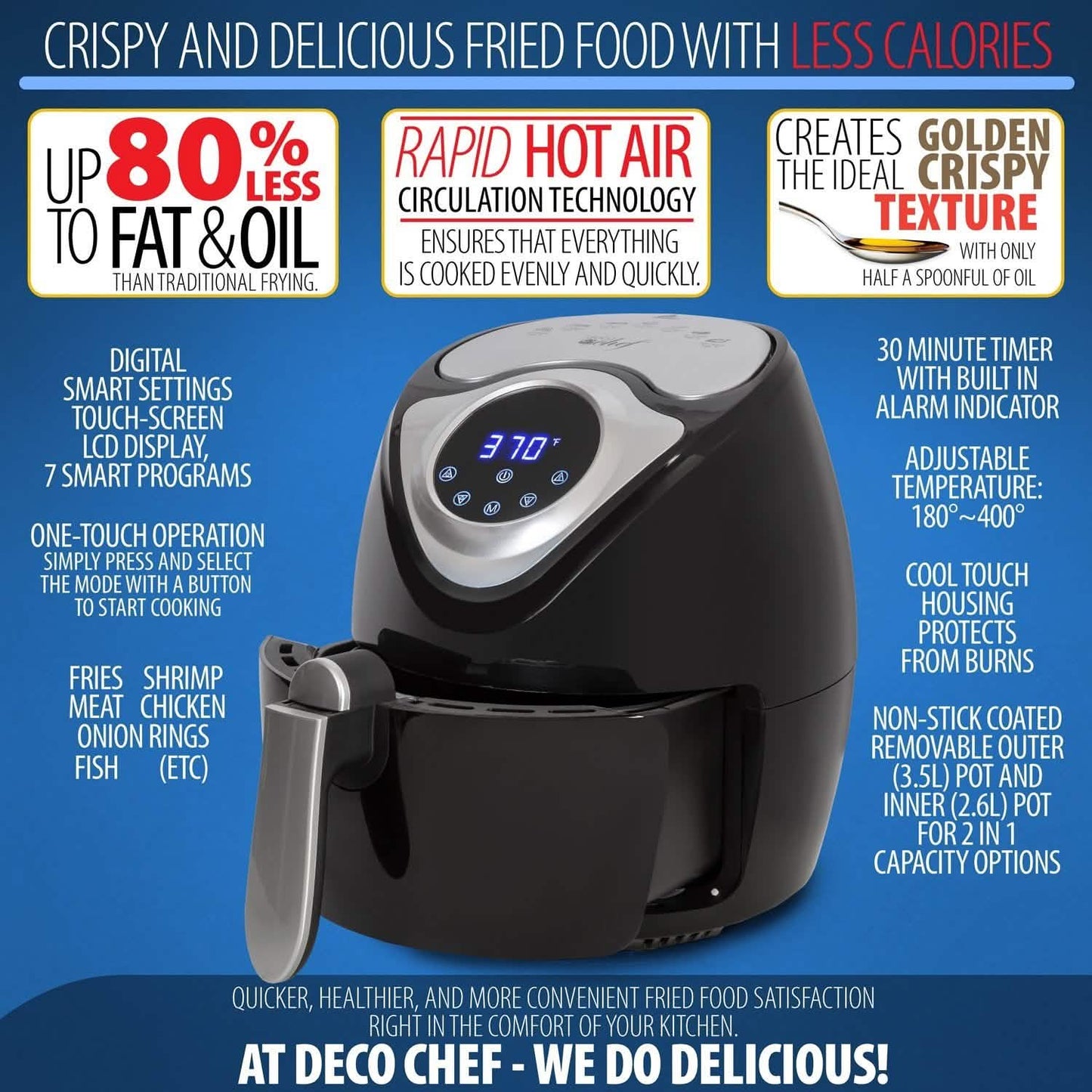 Deco Chef 3.7QT Electric Oil-Free Digital Air Fryer for Healthy Frying