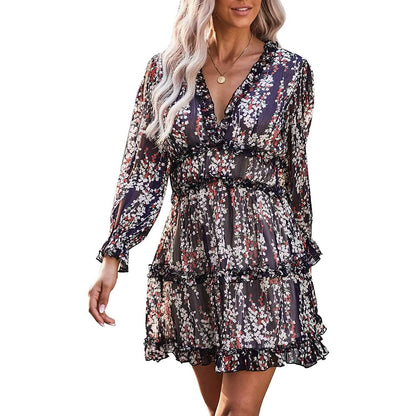 Dokotoo Womens Spring Summer Deep V Neck Ruffle Long Sleeve Floral Print Mini Dress