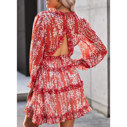 Dokotoo Womens Spring Summer Deep V Neck Ruffle Long Sleeve Floral Print Mini Dress