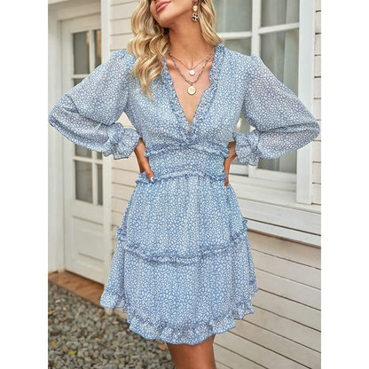 Dokotoo Womens Spring Summer Deep V Neck Ruffle Long Sleeve Floral Print Mini Dress