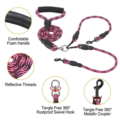 Double Dog Leash No-Tangle with Swivel Coupler Padded Handle