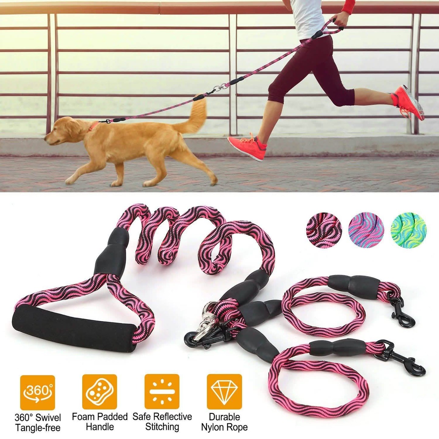 Double Dog Leash No-Tangle with Swivel Coupler Padded Handle
