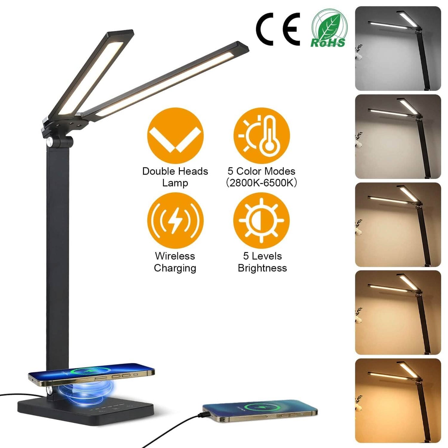 Double Head Desk Lamp with Wireless Charging USB Port