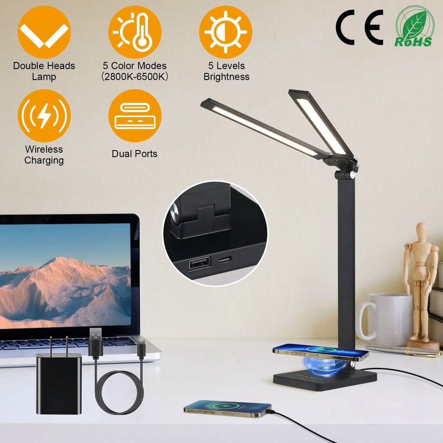 Double Head Desk Lamp with Wireless Charging USB Port