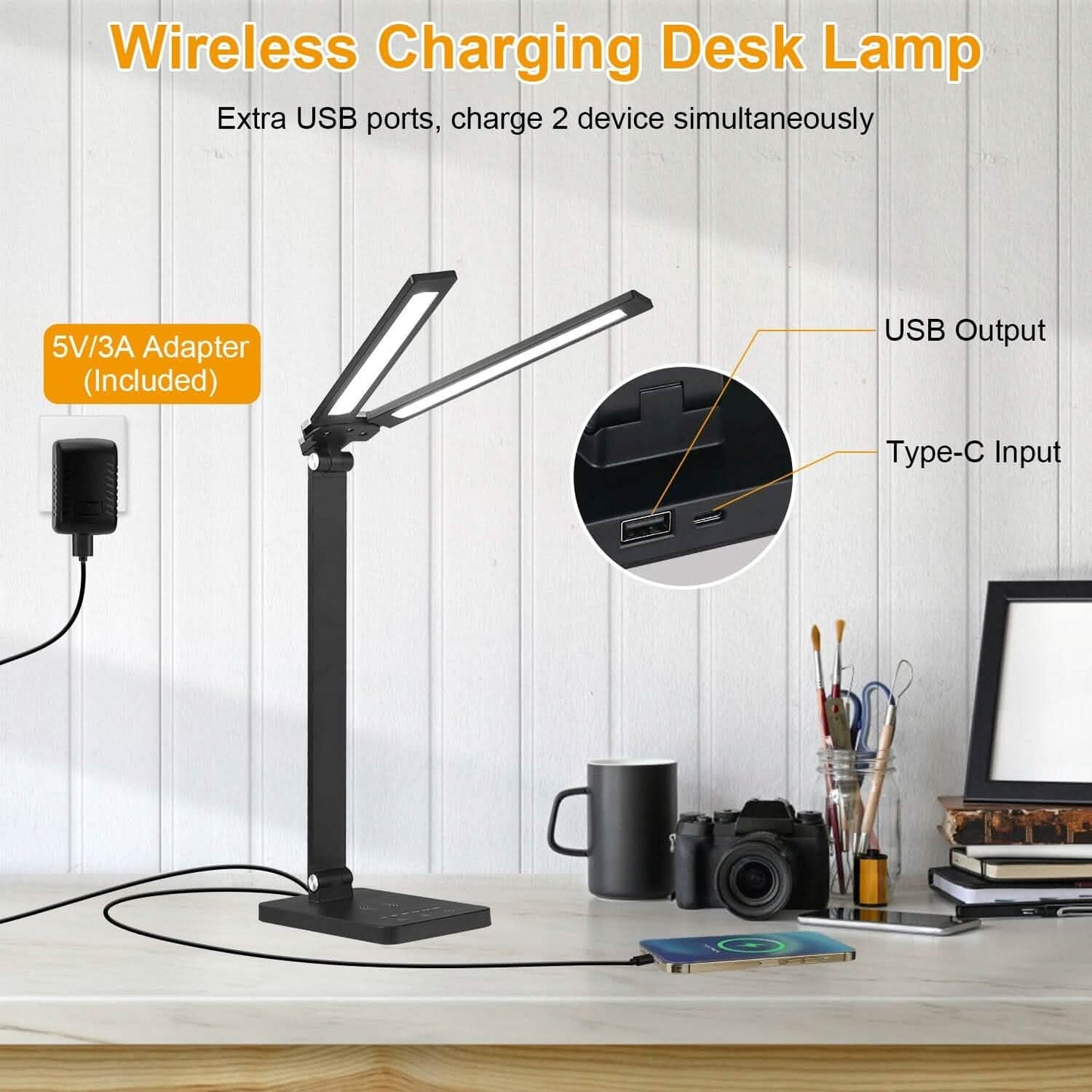 Double Head Desk Lamp with Wireless Charging USB Port