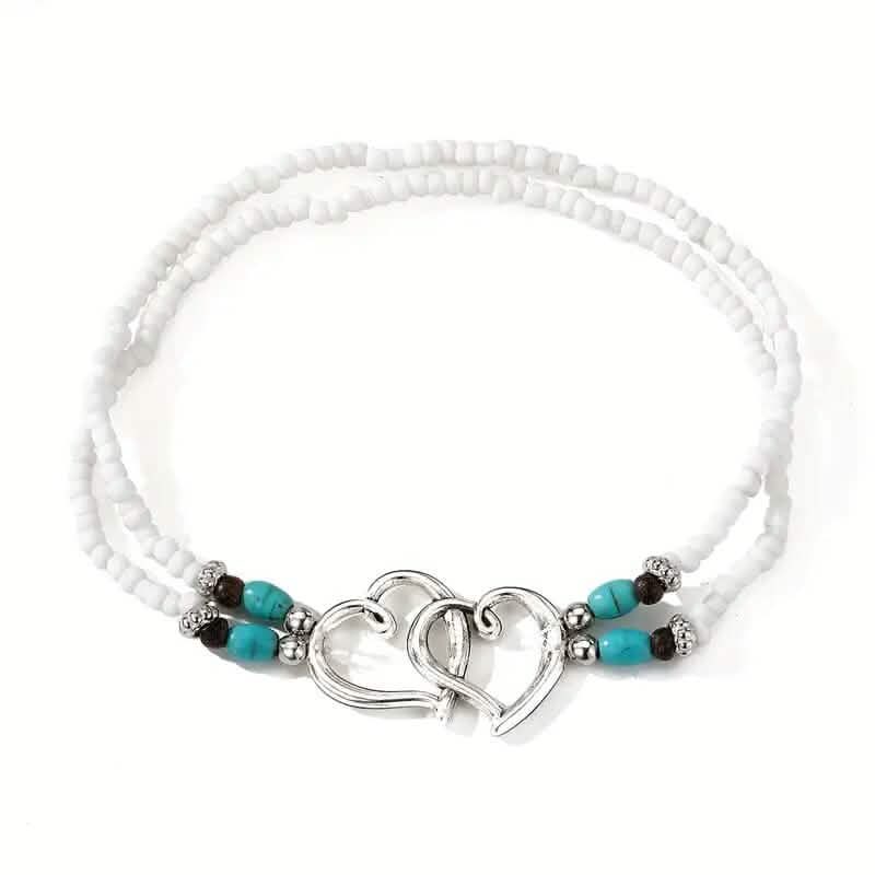 Double Openwork Heart Beaded Anklet Set with Mini Seed Beads
