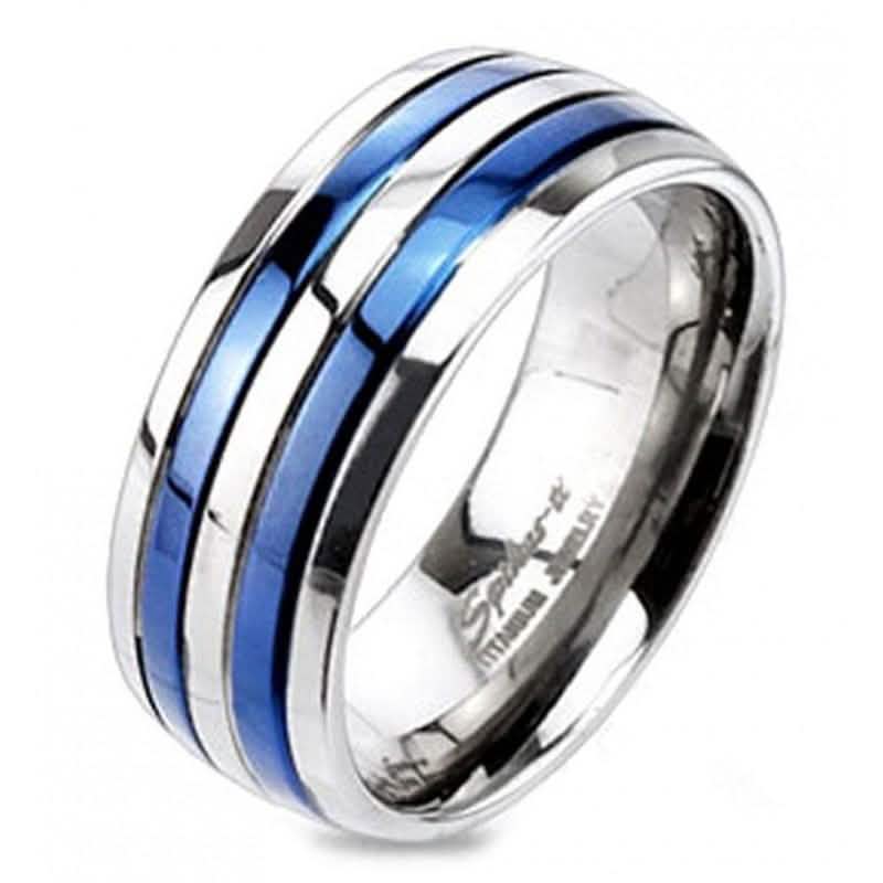 Double Striped Blue IP Band Ring Solid Titanium