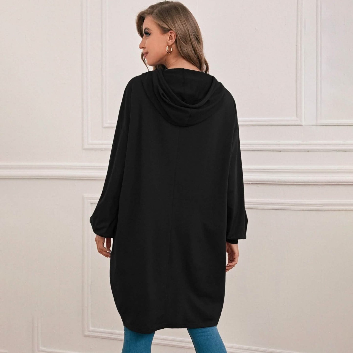 Drop Shoulder Dip Hem Thermal Longline Hoodie