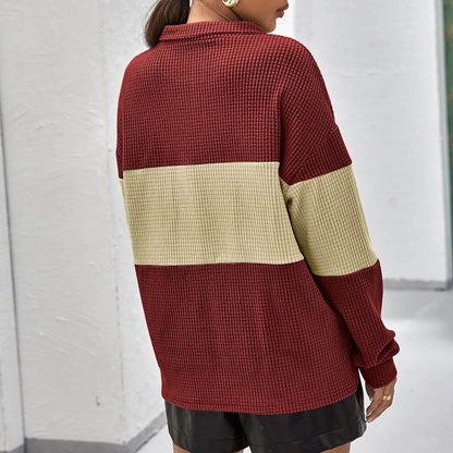 Drop Shoulder Two Tone Textured Half Placket Pullover