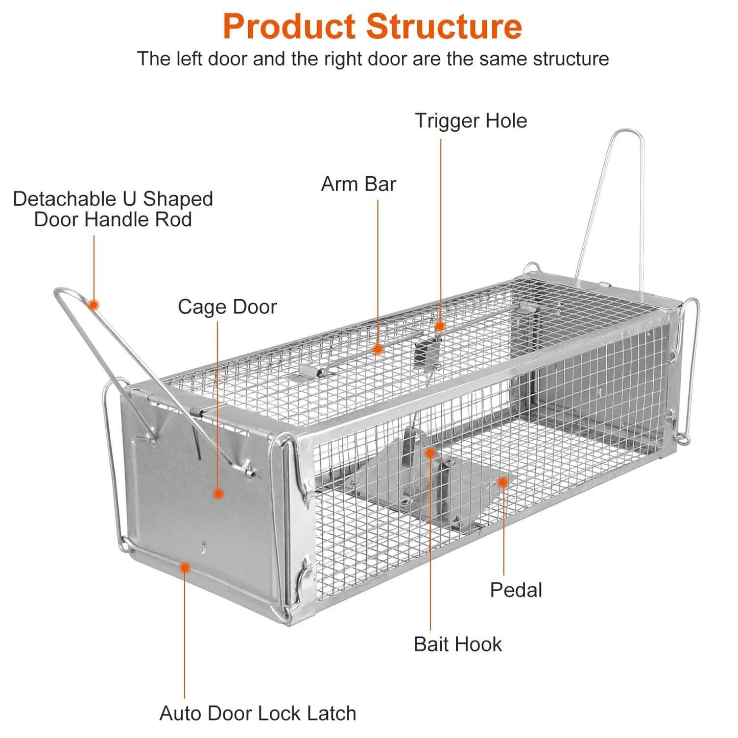 Dual Door Rat Trap Cage Humane with 2 Detachable U Shape Rod