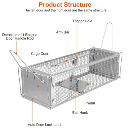 Dual Door Rat Trap Cage Humane with 2 Detachable U Shape Rod