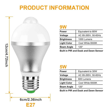 E27 Motion Sensor Light Bulb 1000LM 6500K Dust to Dawn Automatic