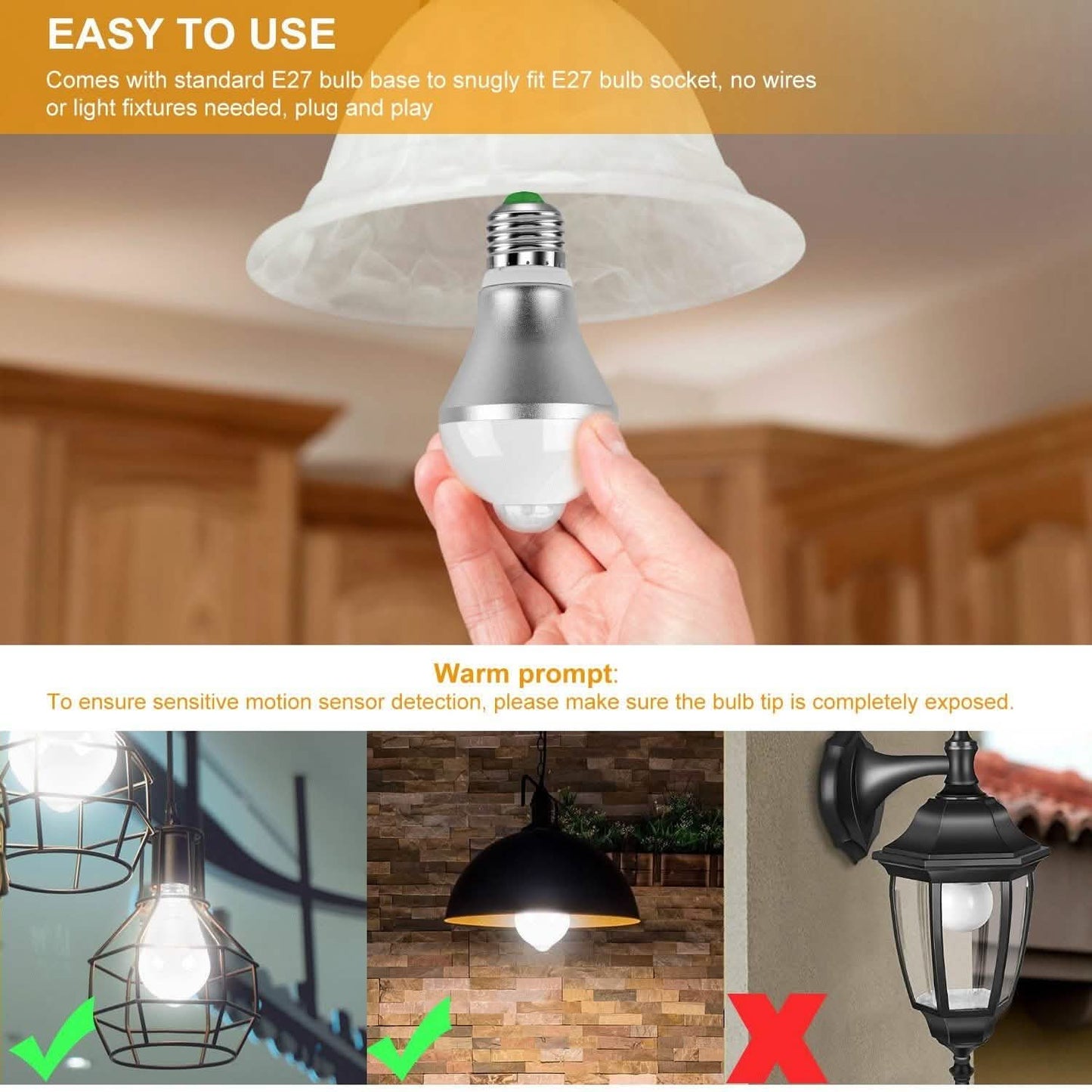 E27 Motion Sensor Light Bulb 1000LM 6500K Dust to Dawn Automatic