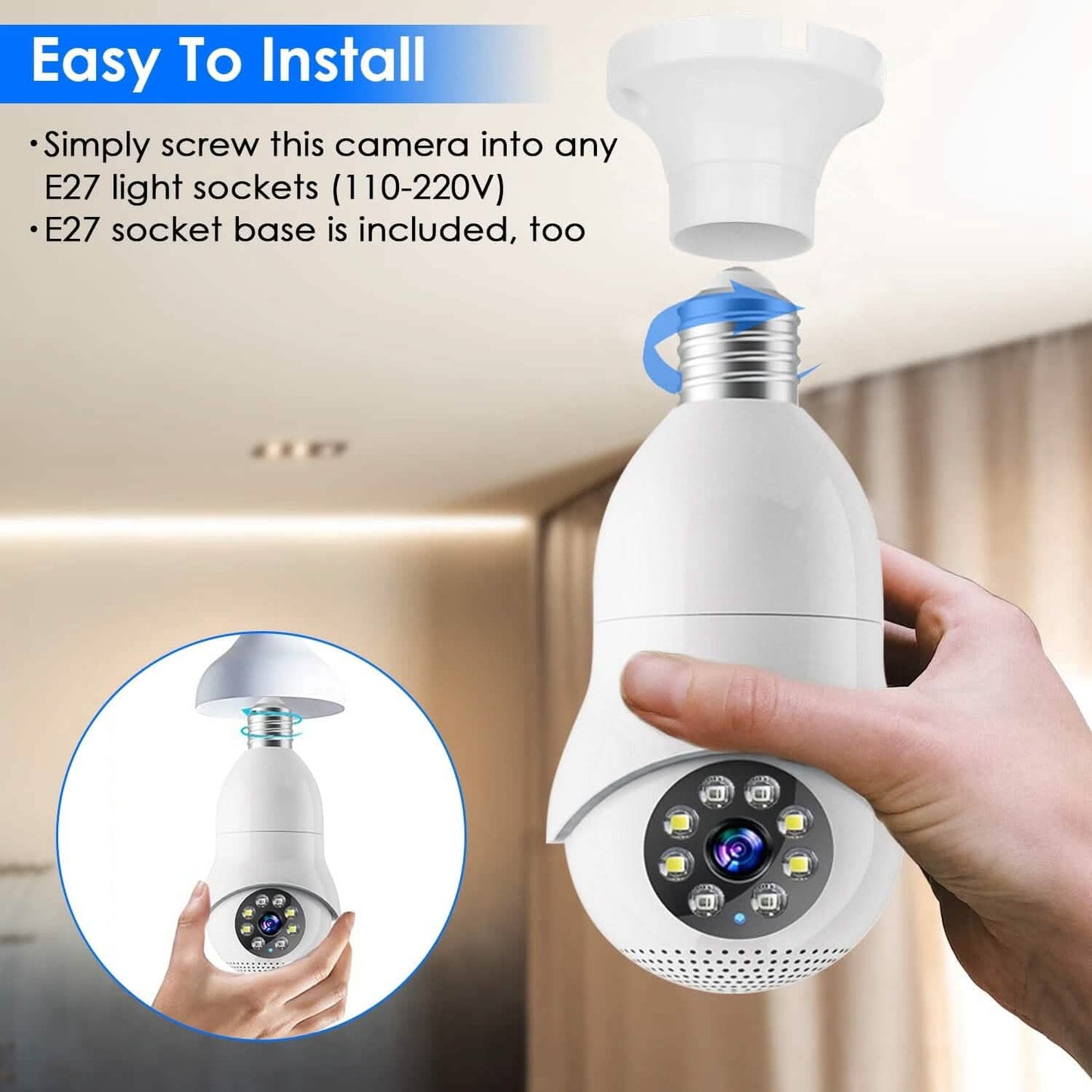 E27 WiFi Bulb Camera 1080P FHD WiFi IP Pan Tilt Security Surveillance Camera