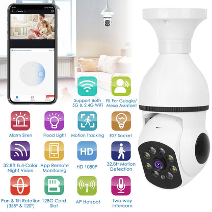 E27 WiFi Bulb Camera 1080P FHD WiFi IP Pan Tilt Security Surveillance  Camera with Two-Way Audio Full Color Night Vision