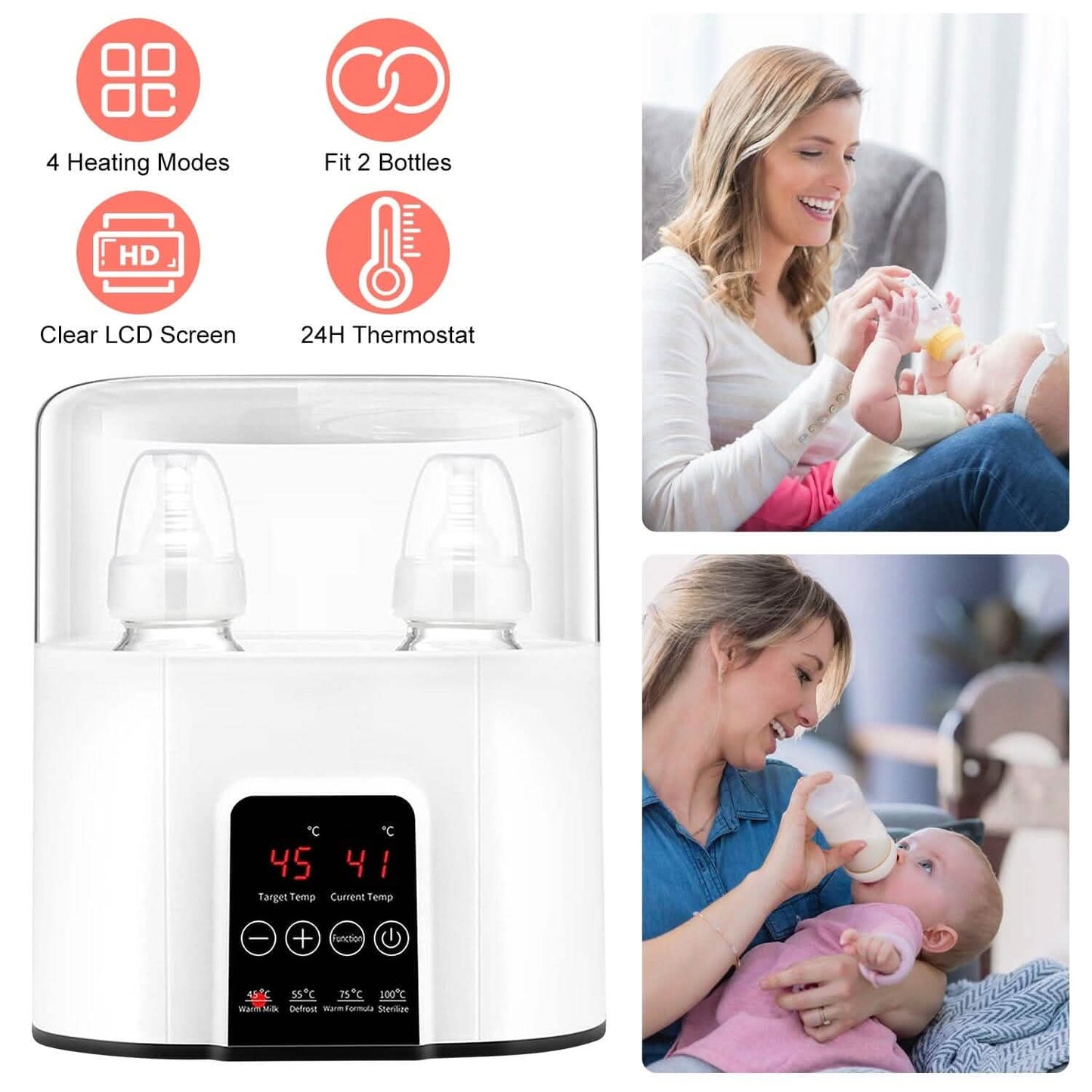 Electric Baby Milk Bottle Warmer Fit with 4 Heating Modes Adjustable Temperature Display Screen