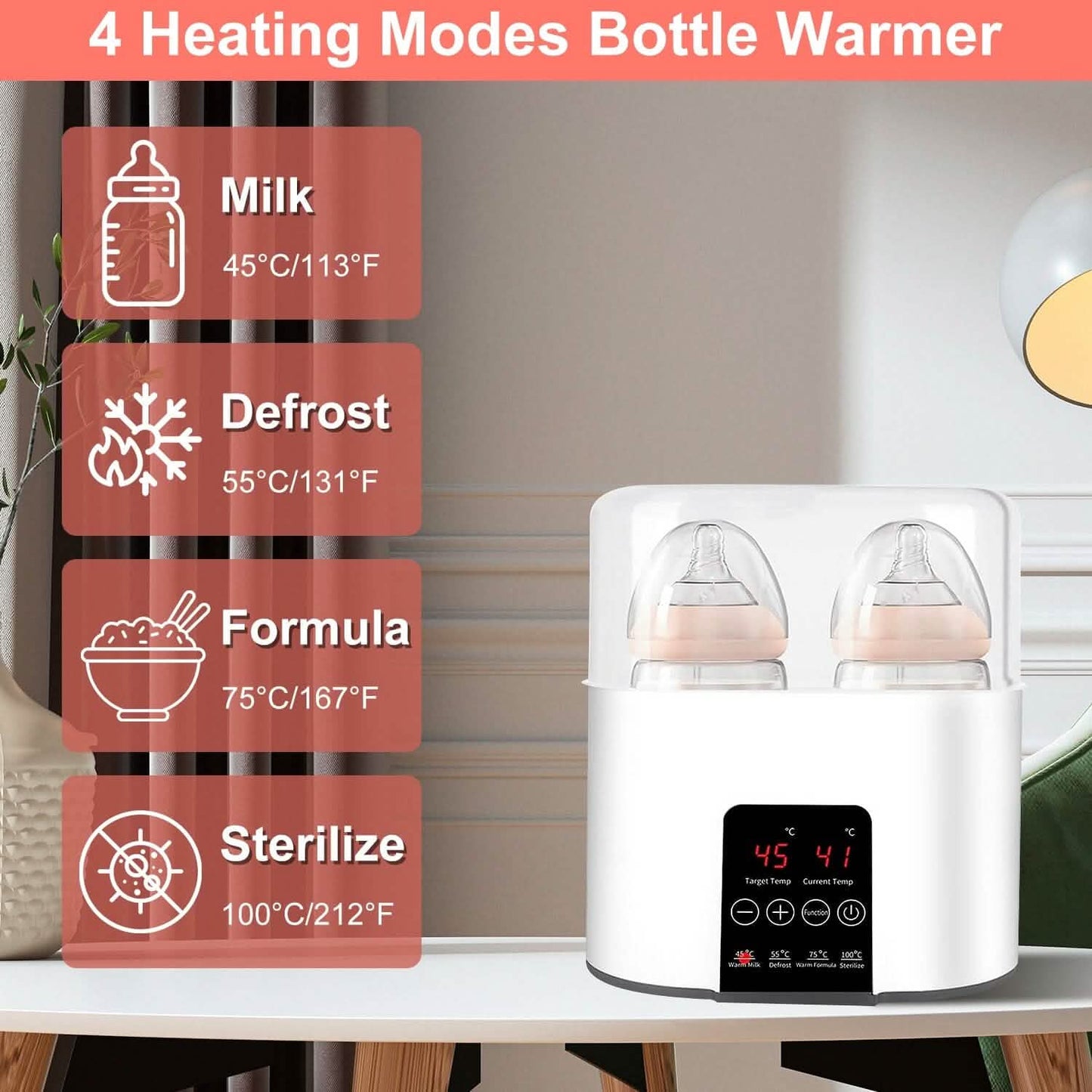 Electric Baby Milk Bottle Warmer Fit with 4 Heating Modes Adjustable Temperature Display Screen