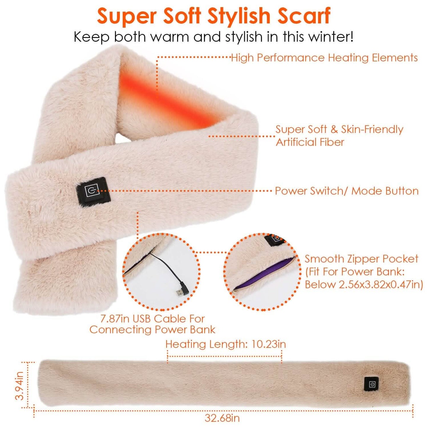 Electric Heated Scarf USB Heating Neck Shawl Soft Warm Scarves with 3 Heating Modes