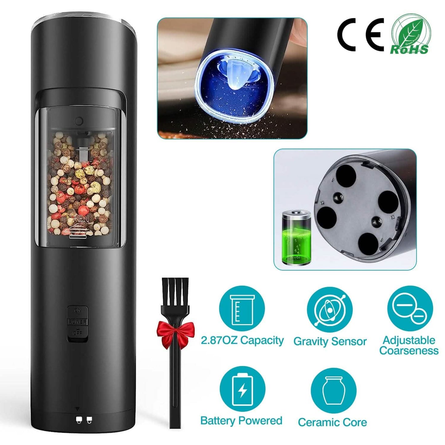 Electric Salt and Pepper Grinder LED Indicator Adjustable Coarseness