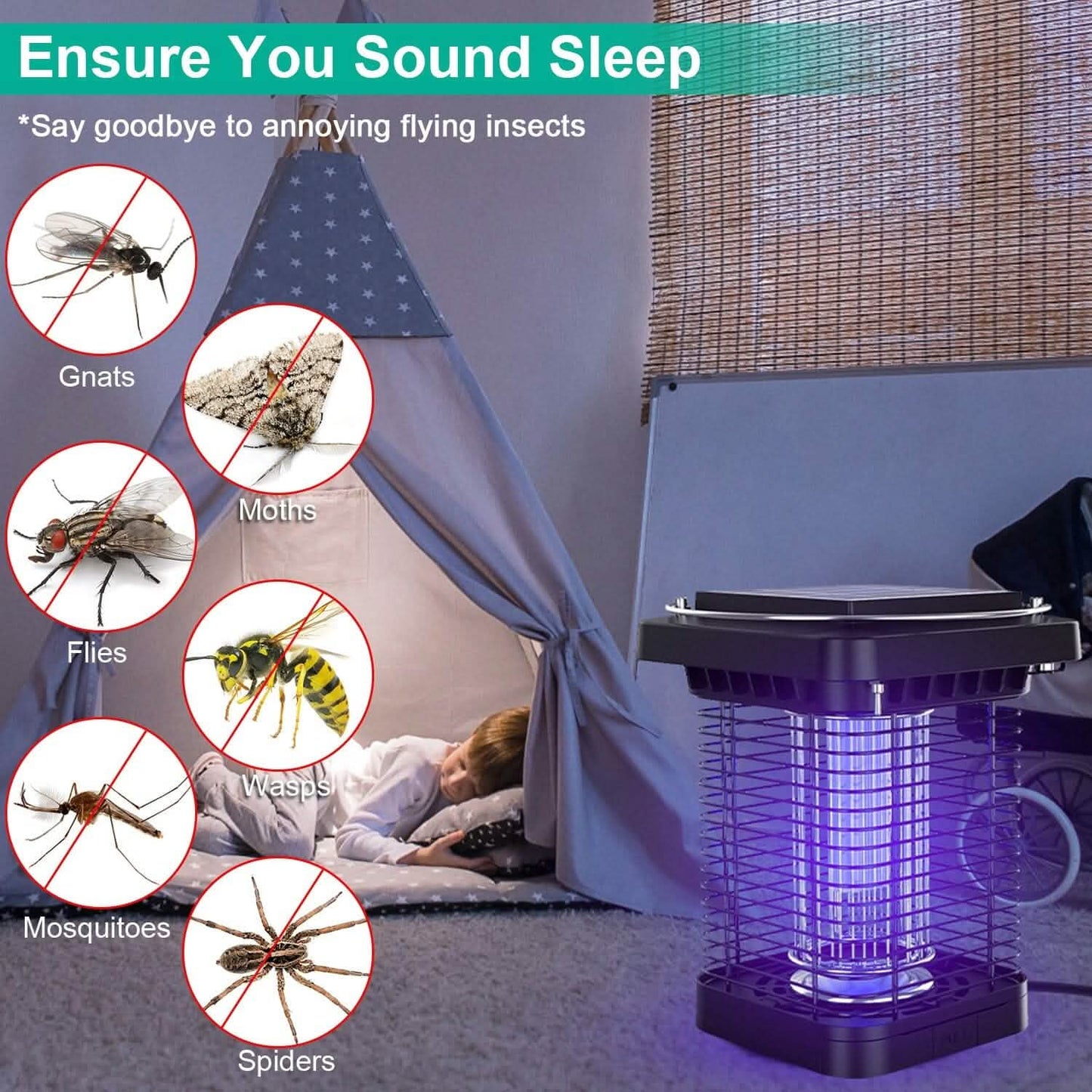Electric Solar Powered Bug Zapper Lamp IP65 Waterproof for Indoor and Outdoor