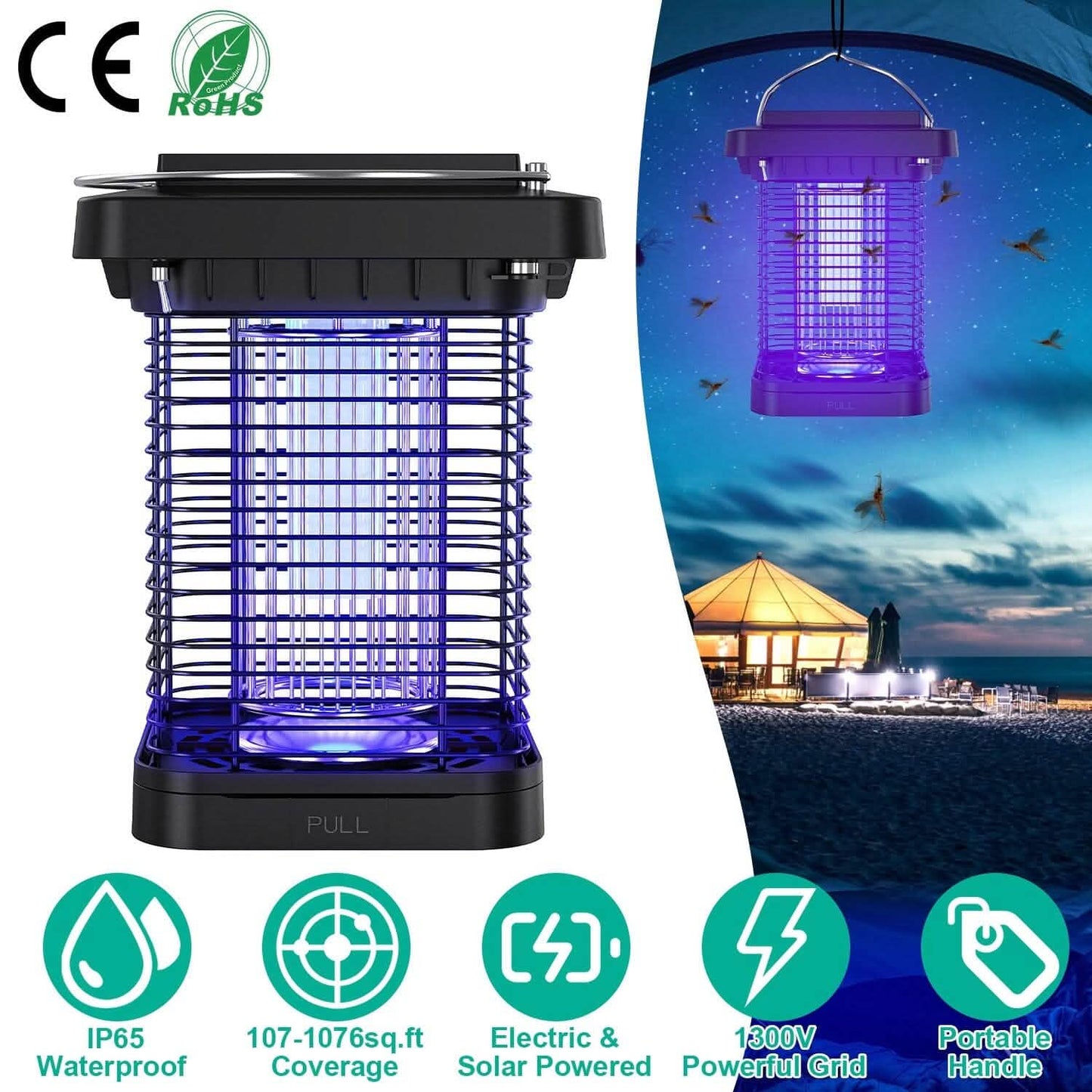 Electric Solar Powered Bug Zapper Lamp IP65 Waterproof for Indoor and Outdoor