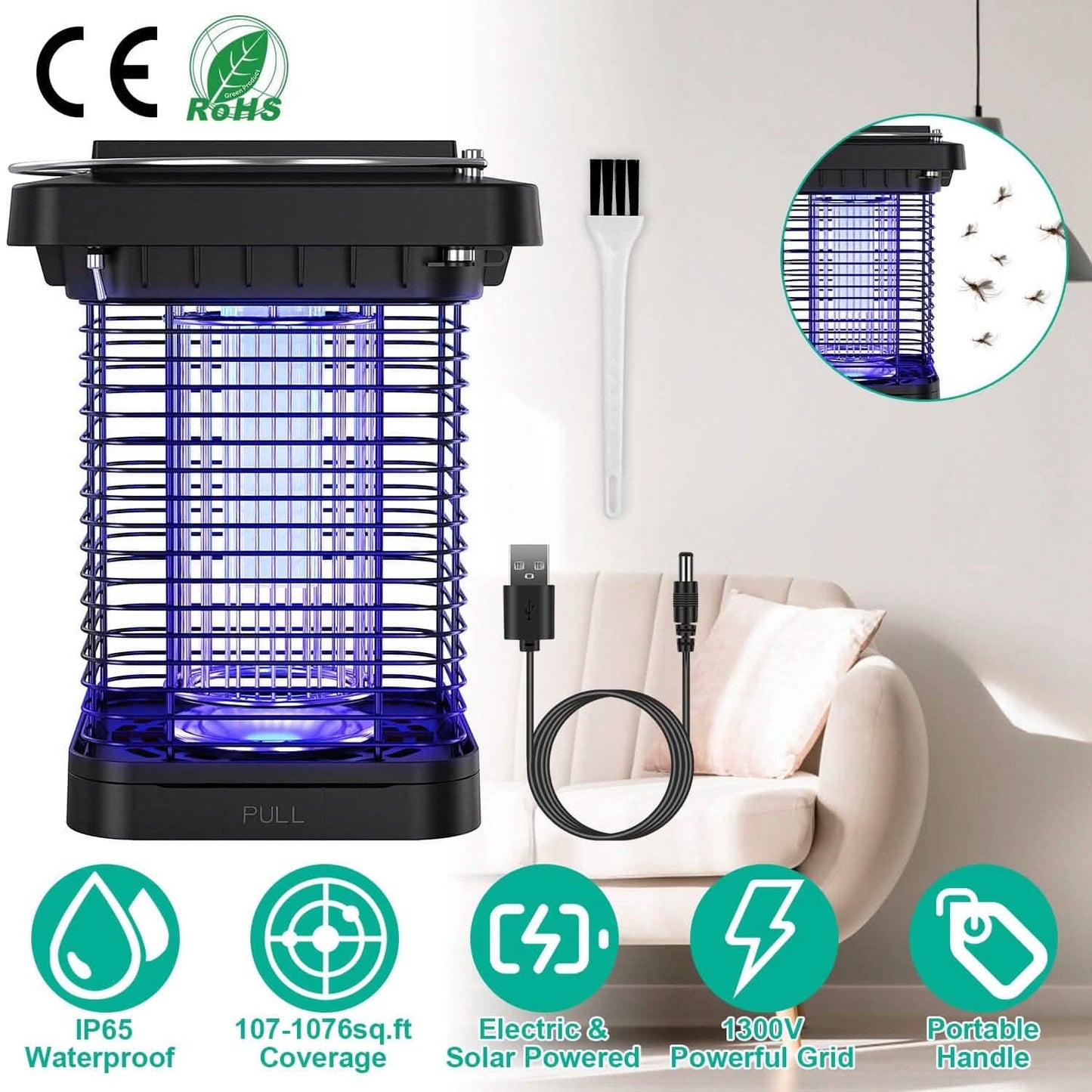 Electric Solar Powered Bug Zapper Lamp IP65 Waterproof for Indoor and Outdoor